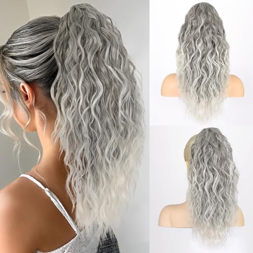 RONTAYA Gewellt Pferdeschwanz mit Klammer, Dual-Use-Design Ponytail Extension, Synthetik Claw Clip in Haarverlängerung Zopf für Frauen Allmählich grau 46 cm