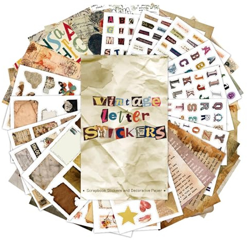 347 Pcs Letter Stickers for Scrapbooking, 18 Sheet Alphabet Stickers and 20 Sheet Vintage Scrapbooking Papers Scrapbook Supplies, American-Style Graffiti Junk Journal Supplies for DIY