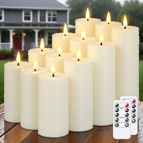 Bryxidor Confezione da 12 candele LED impermeabili finte sfarfallanti senza fiamma con temporizzazione, 5,5 cm x 10 12,5 15 17,5 cm Telecomando in plastica Elettriche Avorio Da esterno A batteria