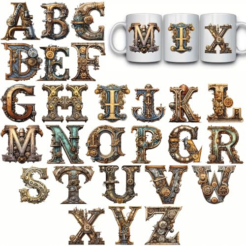 26 Gear Steampunk Alphabet Letter UV DTF Cup Wraps Transfer Waterproof Sticker for Glass Cups Furniture Craft DIY Crafts，Rub on Transfer Stickers for DIY Water Bottle Laptop Decal Wood Car
