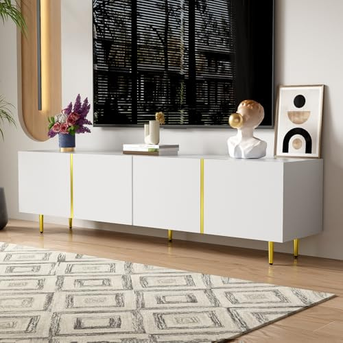 OLIVIBED TV Lowboard mit 4 Türen, TV Schrank mit Goldene Beine und Stauraum, Hochglanz Fernseher Schrank für Fernseher bis zu 70 Zoll, TV Möbel für Wohnzimmer, Schlafzimmer, 170x35x46cm, Weiß (Weiß)