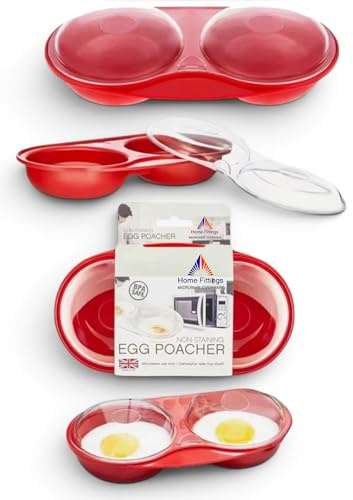 Home Fittings ® Reusable Cook Microsafe Easy Microwave 3 in 1 Egg Poacher Cooker Omelettes, Dishwasher Safe and BPA Free RED with Clear Lid