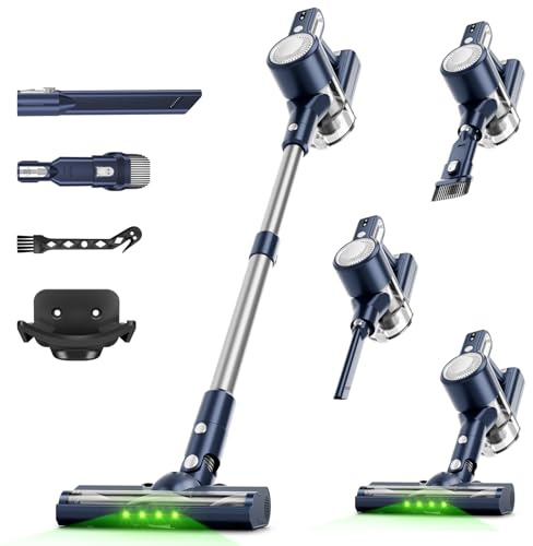 Clinkal Cordless Vacuum Cleaner for Home: 6-in-1 Stick Vacuum with Powerful Suction, Rechargeable, Anti-Tangle Pet Hair Brush, Green LED Headlight Vacuum for Carpet & Hardwood Floors-Dark Blue