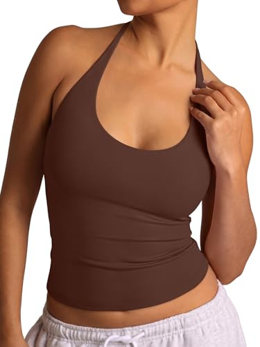 REORIA Women's Tie Halter Tank Tops Basic Scoop Neck Backless Double Lined Going Out Outfits Cute Summer Trendy Sleeveless Shirts Brown