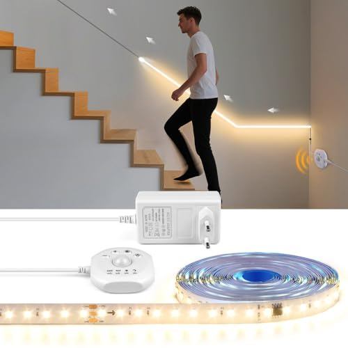 AoLa LED Strip Bewegungsmelder, 10M 1200 LED Dimmbar mit Stecker, 4 Modi inkl. Nachtlicht Timer, Warmweiß 3000K, Bewegungsaktivierte Unterbau und Treppenbeleuchtung, für Schränke, Küche, Flur