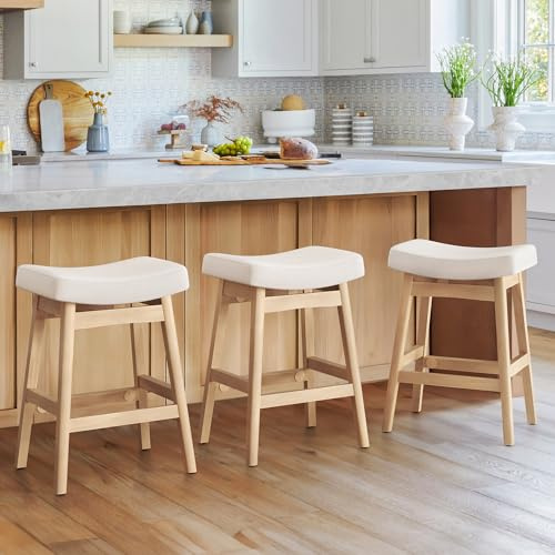 LUE BONA Barhocker 3er Set, 61 cm Hoch, Küchenhocker mit Stoff Sitzfläche und Fußstütze, Bar Hocker mit 4 Holzbeinen, Moderner Barstuhl für Küche, Wohnzimmer, Bar, Beige, in Leinenoptik