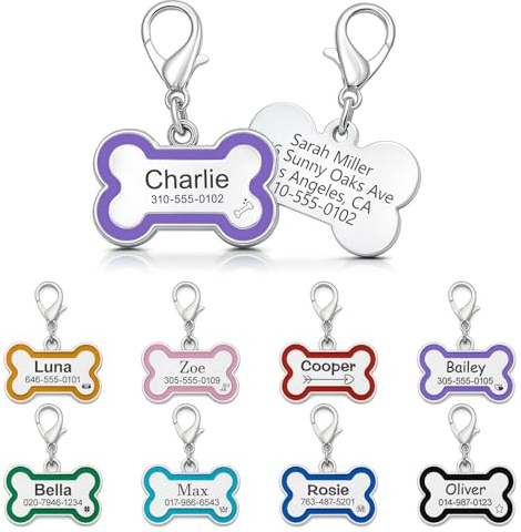 Dog Tags for Pets Engraved UK, Personalised Stainless Steel Pet Tag with Any Name & Text, Custom Tags for Pet Dogs, Dog ID Tags with Clasp (Bone-Style, Purple)