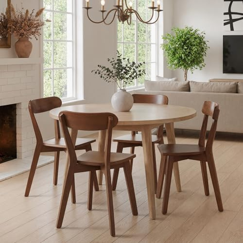 ROCITY Walnut Wooden Dining Chairs Set of 4 Mid Century Modern Kitchen Chairs with Curved Open Back, Solid Wood Small Chair for Dining Room/Kitchen