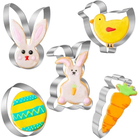 Juego de 5 cortadores de galletas de Pascua: cortador de galletas con forma de pollito, cortador de con forma de conejo y molde para hornear huevos de Pascua (apto para niños)
