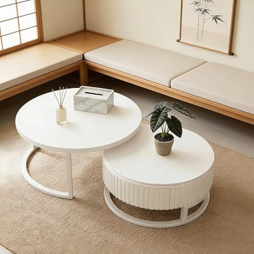 JPQTRYDRIS 50+70cm Modern Couchtisch Rund Weiss Couchtisch 2er Set Nested Beistelltisch Wohnzimmertisch Kaffeetisch Mit Ausziehbare Stauraum
