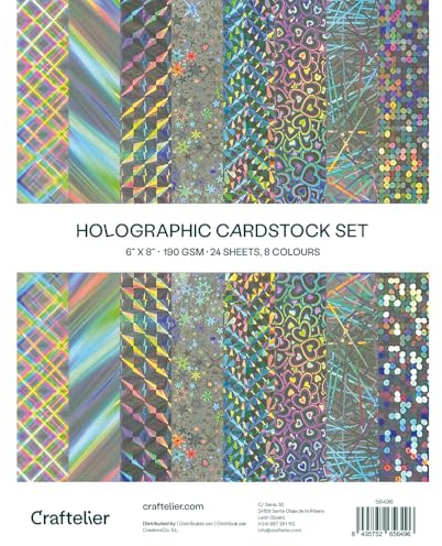 Craftelier - Cartulina Holográfica, Paquete de 24 Hojas y 8 Efectos Iridiscentes Brillantes, 190 GSM 15,24 x 20,32 cm (6 x 8), Papel Reflectante para Manualidades Y Scrapbooking