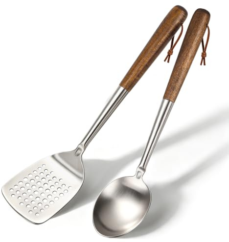 Cooking Utensils Set, Stainlesss Steel Slotted Turner Ladle | 35cm Spatula and Spoon Set, Heat Resistance Wood Handle Metal Kitchen Gadgets for Flipping, Frying and Grilling
