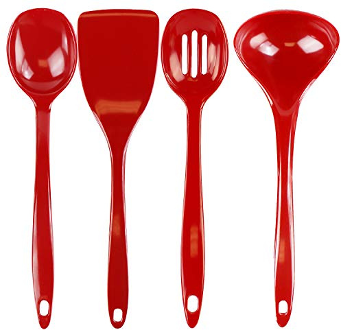 Reston Lloyd 100% Melamine Kitchen Utensil Set, Non Scratching Ladle, Spoon, Slotted Spoon & Spatula, Easy to Hold, Set of 4, Red