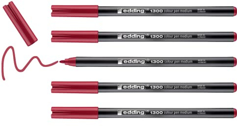 edding 1300 Fasermaler medium - karminrot - 5 Stifte - Rundspitze 2 mm - Filzstift zum Zeichnen und Schreiben - Filzstift für Schule, Mandala, Bullet Journal