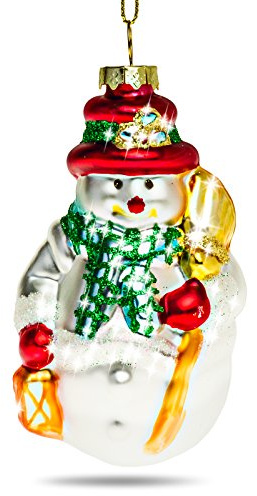 SIKORA Schneemann mit Besen besondere Weihnachtskugel Glas Christbaumschmuck Deko Figur Weihnachten Anhänger Ornament - Trend Line - BS382
