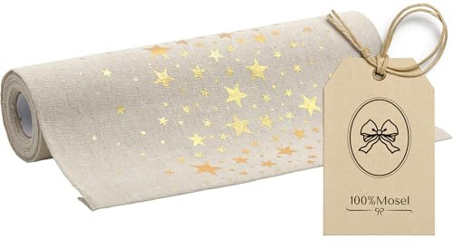 100%Mosel Tischläufer Weihnachten, Leinenoptik Natur, Sterne Gold | Weihnachtstischläufer mit Sternen in Gold; Tischdeko für Advent, Heiligabend, Silvester; 5 m Rolle, zuschneidbar