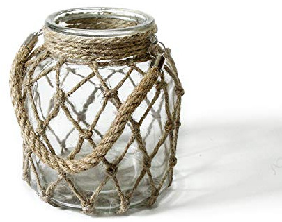 Funsoba Rustic Hanging Mason Nautical Jar Creative Rope Net Dry Flower Glass Vase with Handle 6.5 Inch