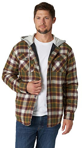 Wrangler Authentics Long Sleeve Quilted Lined Flannel Shirt Jacket with Hood Chemise boutonnée, Vert Olive, M Homme