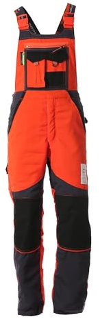 WOODSafe® Schnittschutzhose Klasse 2, kwf-geprüfte Forsthose, Latzhose orange/grau, Herren - Waldarbeiterhose (48)