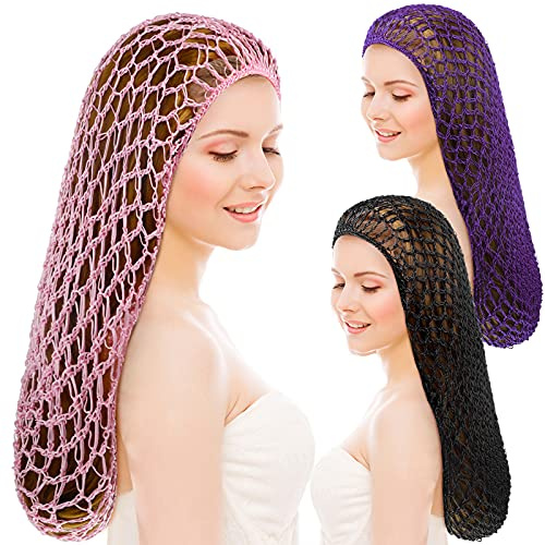 Waydress Hairband, 3 Pieces Mesh Crochet Hair Net Cap, Soft Rayon Snood Hat, Sleeping Cap, Hair Accessories for Women (Black, Pink, Purple)