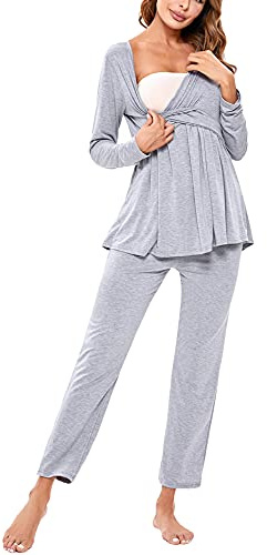 Litherday Stillpyjama Lang Umstandspyjama Langarm Zweifarbiger Baumwolle Stillzeit Nachtwäsche Stillfunktion Pyjama Set mit Elastischen Bundes und Tasche
