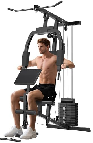 HOMCOM Multiestación Máquina de Musculación con Estribo para Piernas Poleas y Placas de Peso de 45 kg para Entrenamiento Fitness en Hogar Gimnasio 148x108x207 cm Negro