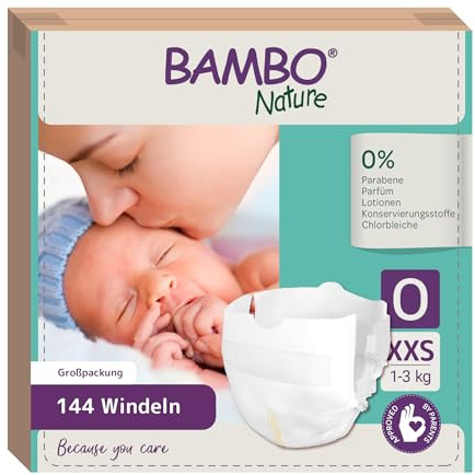 Bambo Nature pañales para bebés talla 0 (1-3kg) 144 uds. caja mensual | Pañales premium con mejor protección contra fugas | Máximo confort para los bebés | Dermatológicamente probados