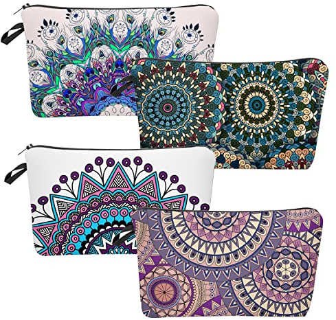 Borsa per il Trucco Piccola Borse per Cosmetici Portatili Borsa Cosmetica in Tela Mandala Multifunzionale con Cerniera per Cosmetici Carte Chiavi 4 Pezzi