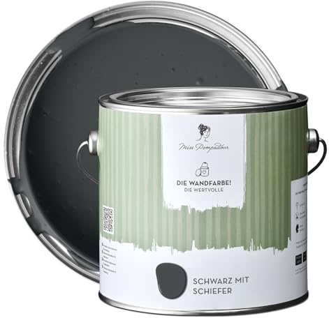 MissPompadour stumpfmatte Wandfarbe Schwarz mit Schiefer 2.5 L, für Innen | Edles Finish, spritzfrei, wasserbasierte Innenfarbe, einfach zu verarbeiten, hochdeckend