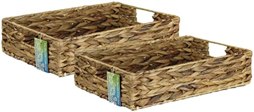 Shallow Rectangular Water Hyacinth baskets. Natural baskets light colour and with grey edges. Open trays for storage of paper, toys or books and magazines (2 x 42cm, Natural)