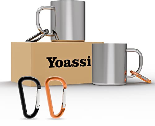 Yoassi 2pcs Tazza Isolante in Acciaio Inox Tazze 300ml da Caffè Bevande Tè Birra Tazze per Campeggio Viaggio con 2 Moschettoni Tazza Termica a Doppia Parete Senza BPA Lavabili in Lavastoviglie