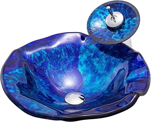 Waschbecken Gehärtetes Waschtisch for Aufsatzwaschbecken Blaues Lotusblatt Aufsatz-Waschschale Handwaschbecken mit Wasserfall Wasserhahn, Wasserablauf