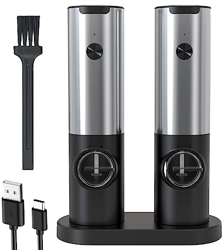 IraXpro Elektrische Salz und Pfeffermühle 2er Set mit Wiederaufladbarer Basis,LED-Licht,Bürste,Keramischer Mahlkern,Einstellbare Mahlgrobheit,Gewürzmühle für BBQ,Küche,Restaurant (Silber)