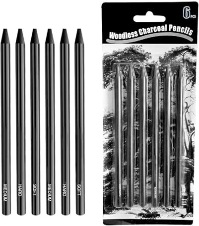 Helweet Carboncino da Disegno, Carboncino Matita, Carboncini per Schizzi, Matite da Disegno, Matite per Schizzi, Ideale per Principianti e Professionisti, 6 Pezzi(2 Soft+2 Medium+2 Hard)