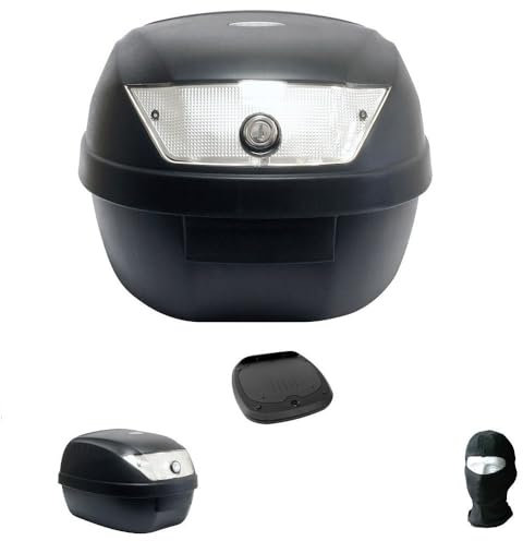 KOMPATIBEL MIT Piaggio Typhoon 50 Koffer TOP CASE 28 LT SCHWARZ + Platte + Griff FÜR Motorrad-Roller-GEPÄCKTRÄGER FÜR Full-FACE-Jet-MODULAR Helm UNIVERSAL SIFAM
