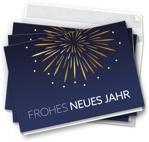 10 Neujahrskarten Grußkarten 2025 Neujahr Silvester - Klappkarten mit Umschlägen - Neujahrsgrüße Feuerwerk auf Blau