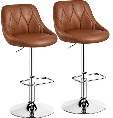 Yaheetech Lot de 2 Tabourets de Bar en Similicuir Hauteur Réglable de 86 cm à 107,5 cm Chaises de Bar Assise Pivotante Repose-Pied Carré Tabourets Hauts Cadre Métallique Galvanisé Brun Rétro