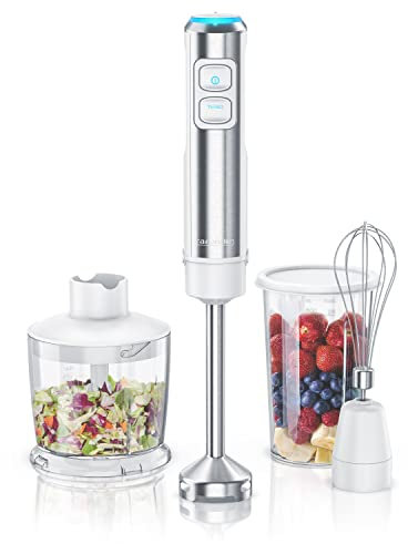 Arendo - Mixeur plongeant inox 1200 W - Couteau à quatre lames - Presse-purée - Variateur multi vitesses et Bouton turbo - Verre doseur 800 ml - Fouet - Hachoir 500 ml - Pied de mixeur amovible