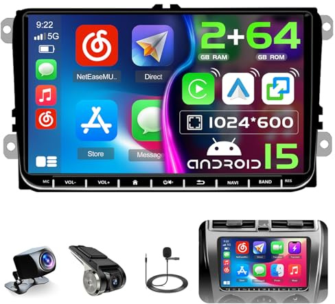 Hikity Android 15 Autoradio für VW Golf 6 9 Zoll Wireless CarPlay Dashcam | 2G+64G. Auch für VW Golf 5, Polo, Passat. Touchscreen, Android Auto, Navi, WiFi, USB-C, FM/RDS, MIC, SWC, Rückfahrkamera.