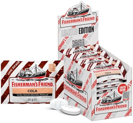 Fisherman's Friend Cola, 24er Vorratsbox, Exklusive Sorte mit Menthol Geschmack, zuckerfrei und vegan, Cola-Bonbons für frischen Atem, 24 x 25g