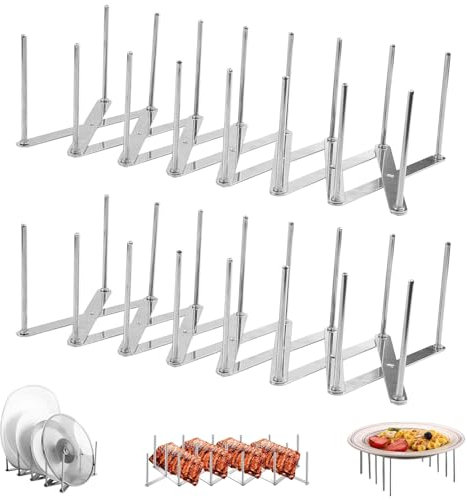 Riomijun 2 Stück Deckel Organizer Küche, 84cm Topfdeckel Organizer, Spareribs Halter Grill, Rippchenhalter Grill, Multifunktionsteleskop Verstellbarer Edelstahl Topfdeckelhalter