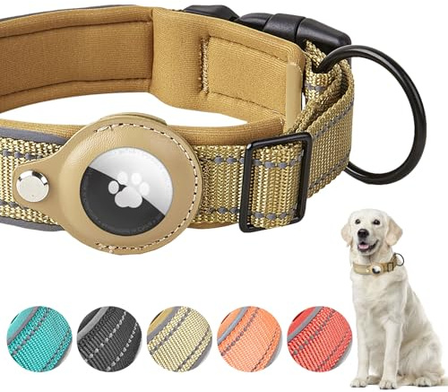 Boloshine Hundhalsband för Apple AirTag, reflekterande, klassiskt justerbart nylonhalsband med Air-Tag och mjukt andningsbart fodral för stora, medelstora och små hundar (kaki, M)
