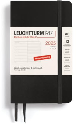 LEUCHTTURM1917 370527 Wochenkalender & Notizbuch Pocket (A6) 2025, Softcover, Schwarz, Deutsch