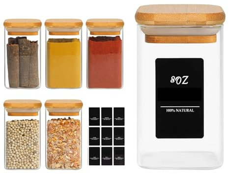 ComSaf 6Pcs 240ml Glass Spice Jars with Lids and Label, Glass Spice Bottle with Bamboo Lids Supplementary Set, Small Spice Container, Perfect for Ktichen Starter