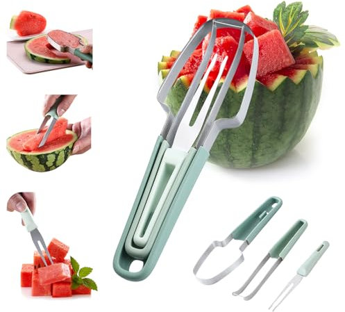 Watermelon Cutter Slicer Tool, 6-in-1 Melon Fork Slicer Cutter, Melon Baller Scoop Set, Stainless Steel Fruit Cutter, Seed Remover Cutter, Fruit Fork for Camping Kitchen Gadgets (3-in-1-green)