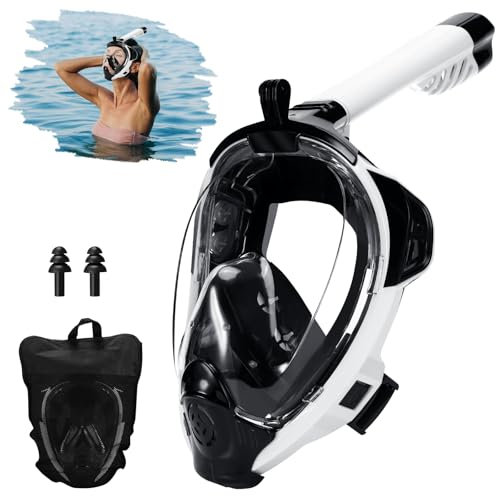 Auauraintt Maschera da Snorkeling Pieno Facciale,vista panoramica a 180°con posizione della telecamera, attrezzatura per snorkeling antiappannamento HD, per adolescenti e adulti (Black/White, L-XL)