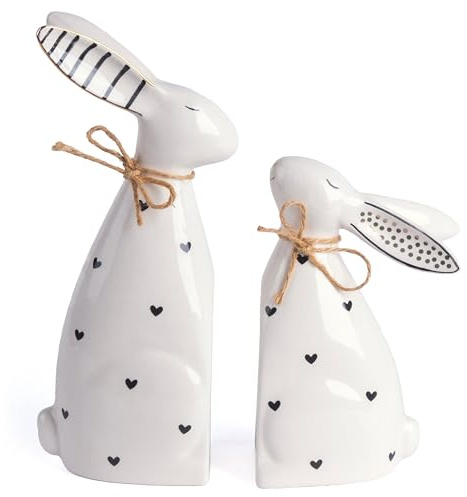 Valery Madelyn Easter Decorations for Home, Medium 2Pcs Ceramic White Gold Bunny Statues Figurine for Spring, Easter Gift Tiered Tray, Table Centerpieces Decorations for Indoor Decor, 6.3inch