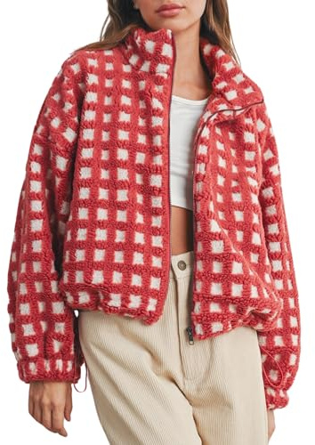 Esmeling Giacca da donna a maniche lunghe in pile Sherpa a quadri casual Chunky Teddy Fleece Outwear, Rosso, Medium