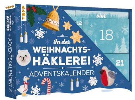 In der Weihnachtshäklerei - Der Adventskalender mit Material und Anleitungsbuch für 24 Häkelprojekte: Box (38,5 x 26,5 x 5 cm) mit 24 kleinen Boxen, Garn (100 % Acryl), Zubehör für 24 Häkelprojekte