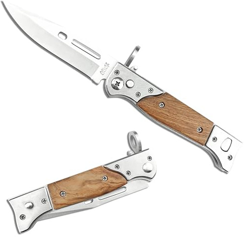 HUAAO Manually Operated Button-lock Knife，Men's Folding Pocket Knife，440C Blade Wood Handle (AK47)